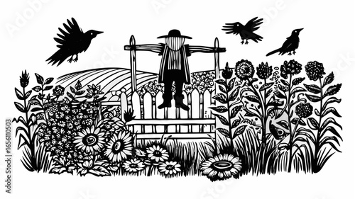 Illustration of a scarecrow standing guard over a garden with birds and a field in the background |  editable eps vectors silhouette