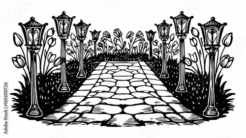 A stone path lined with ornate street lamps and floral accents in a black and white illustration |  editable eps vectors silhouette