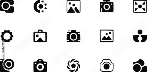 Collection of Black and White Photography and Image Editing Icons for Creative Projects and Digital Design Resources representing Camera Sun Image Aperture Focus People