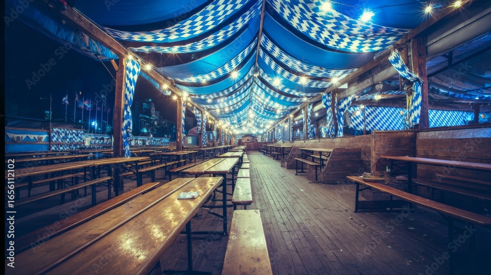Fototapeta premium Oktoberfest autumn German festival of beer. Banner concept in traditional blue colors. Bavarian traditional fall alcohol fair design.