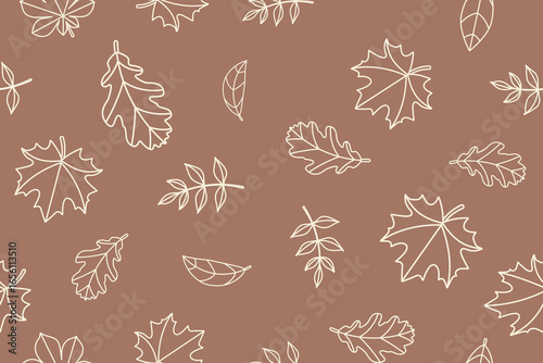 Contour drawing of different leaves on a mocha mousse background. Seamless pattern under clipping mask, convenient for editing. Beige on brown, hand-drawn. Background for paper, cover, textile.