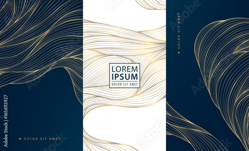 Vector gold wave pattern, line luxury premium abstract design. Fancy, art deco package labels, japanese sea brochures, silk ornament