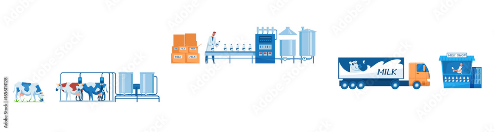 Fototapeta premium From Cow to Consumer: This illustration charts the complete journey of dairy production, depicting the entire process from the farm to delivery, highlighting key stages and components involved.