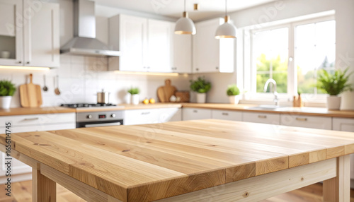 Bright Modern Kitchen Island:  Light Wood Tabletop, Blurred White Cabinets, Sunlit Background, Clean Minimalist Design, Perfect for Product Placement.