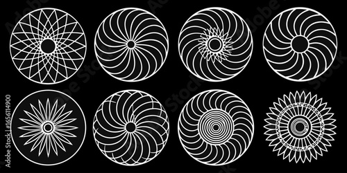 A collection of twelve circular graphic elements, set against a black background. Each element is composed of radiating, concentric, thin, white lines forming various circular and spiral patterns. Som