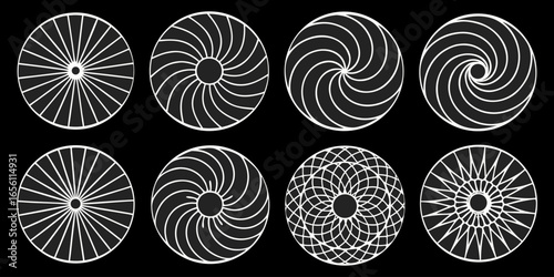A collection of twelve circular graphic elements, set against a black background. Each element is composed of radiating, concentric, thin, white lines forming various circular and spiral patterns. Som