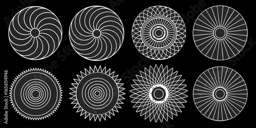 A collection of twelve circular graphic elements, set against a black background. Each element is composed of radiating, concentric, thin, white lines forming various circular and spiral patterns. Som
