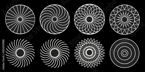 A collection of twelve circular graphic elements, set against a black background. Each element is composed of radiating, concentric, thin, white lines forming various circular and spiral patterns. Som