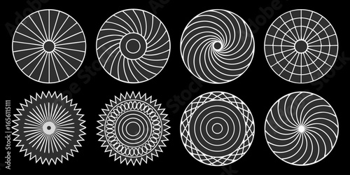 A collection of twelve circular graphic elements, set against a black background. Each element is composed of radiating, concentric, thin, white lines forming various circular and spiral patterns. Som