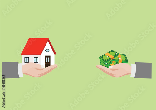 Hand holds house and receiving cash from other hand. Concept for home agent, sale and rent of a house and buyer or customer. Vector illustration.
