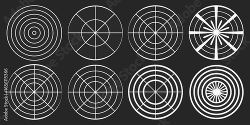 A collection of twelve circular graphic elements, set against a black background. Each element is composed of radiating, concentric, thin, white lines forming various circular and spiral patterns. Som