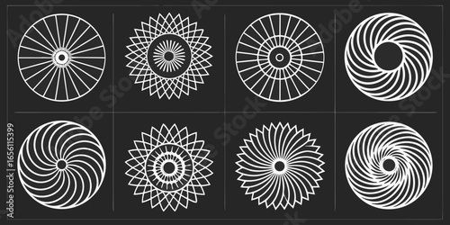 A collection of twelve circular graphic elements, set against a black background. Each element is composed of radiating, concentric, thin, white lines forming various circular and spiral patterns. Som
