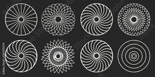 A collection of twelve circular graphic elements, set against a black background. Each element is composed of radiating, concentric, thin, white lines forming various circular and spiral patterns. Som