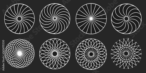 A collection of twelve circular graphic elements, set against a black background. Each element is composed of radiating, concentric, thin, white lines forming various circular and spiral patterns. Som