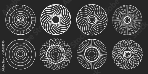 A collection of twelve circular graphic elements, set against a black background. Each element is composed of radiating, concentric, thin, white lines forming various circular and spiral patterns. Som