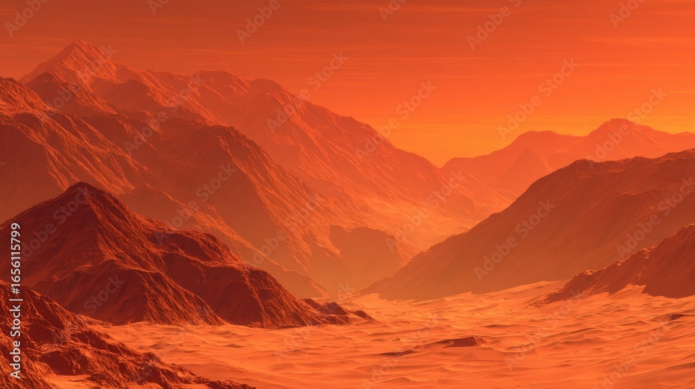 Naklejka premium Under the soft, golden light of dawn, the rugged contours of a mountain range are bathed in an ethereal glow, set against a dramatic, colorful sky