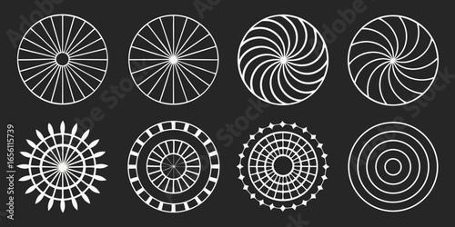 A collection of twelve circular graphic elements, set against a black background. Each element is composed of radiating, concentric, thin, white lines forming various circular and spiral patterns. Som