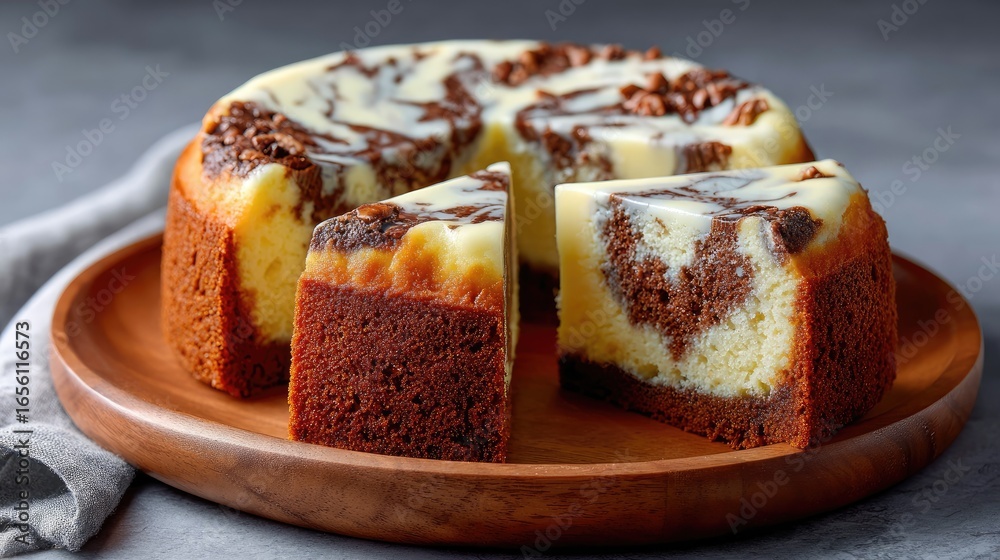 Obraz premium Close-up of a marbled chocolate-vanilla cake on wood, showcasing its soft texture and swirls in warm light