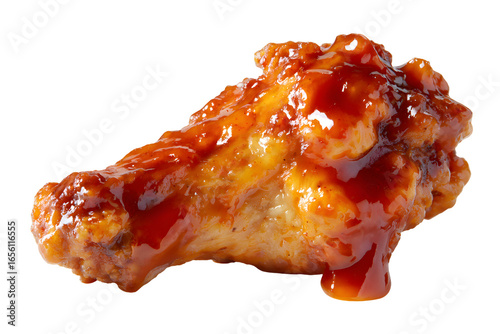 A close-up of a single, saucy chicken wing coated in a thick, glossy glaze. A mouth-watering, isolated shot perfect for showcasing menu flavors.