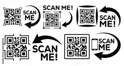 Set of black and white QR code icons with “SCAN ME!” text, arrows, and directional cues. Clean grid layout on white background. Simple, graphic, and instructional design template.