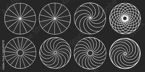 A collection of twelve circular graphic elements, set against a black background. Each element is composed of radiating, concentric, thin, white lines forming various circular and spiral patterns. Som