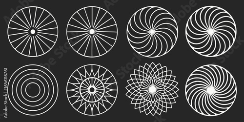 A collection of twelve circular graphic elements, set against a black background. Each element is composed of radiating, concentric, thin, white lines forming various circular and spiral patterns. Som