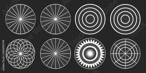 A collection of twelve circular graphic elements, set against a black background. Each element is composed of radiating, concentric, thin, white lines forming various circular and spiral patterns. Som