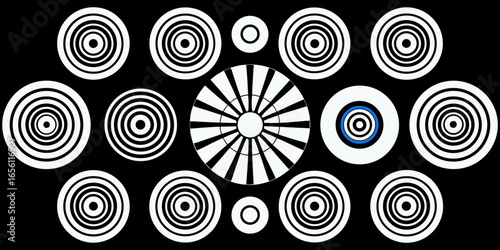 A collection of twelve circular graphic elements, set against a black background. Each element is composed of radiating, concentric, thin, white lines forming various circular and spiral patterns. Som