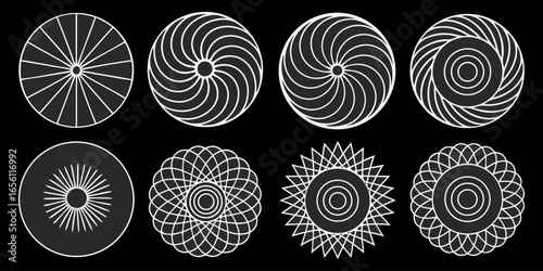 A collection of twelve circular graphic elements, set against a black background. Each element is composed of radiating, concentric, thin, white lines forming various circular and spiral patterns. Som