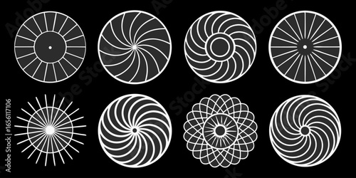 A collection of twelve circular graphic elements, set against a black background. Each element is composed of radiating, concentric, thin, white lines forming various circular and spiral patterns. Som