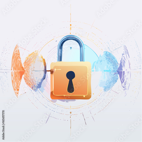 Quantum encryption security vector with lock and abstract wave particles. Symbolizes next-generation data protection and advanced digital security.