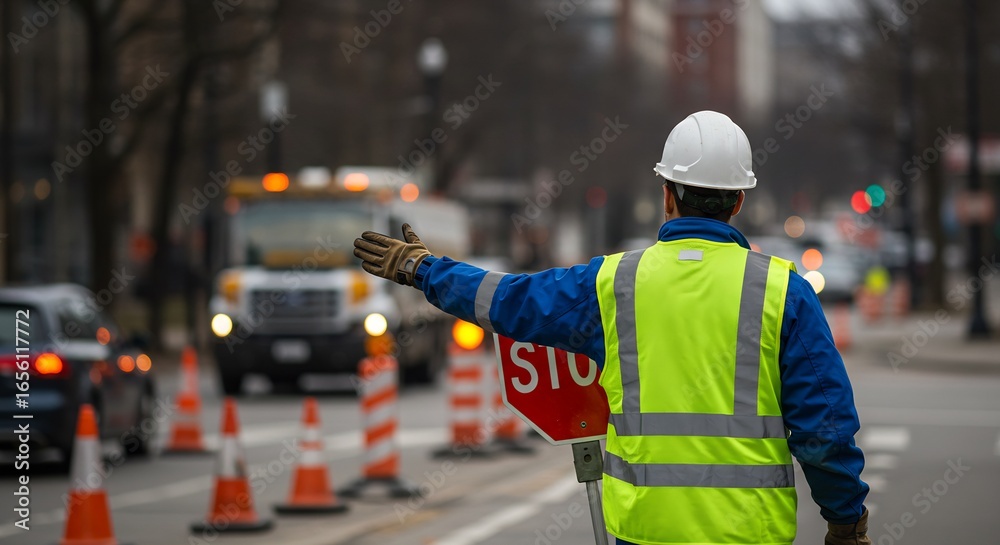 Naklejka premium A construction worker in a yellow vest directs traffic with a stop sign A utility truck is in the background