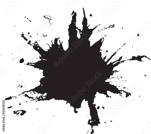 Black ink splatter with abstract shape and grunge texture. Isolated vector illustration for design or background.