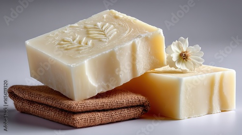 Natural Handmade Soap with Floral Embossing and Flower Accent on Burlap for Bath and Beauty