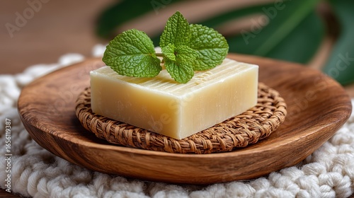 Mint Scented Artisanal Soap on Wooden Plate for Spa and Bath Decor