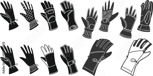 Black Line Hand Gloves Icons Set including Flat Protective Wear Safety and Winter Clothing Symbol Collection with Minimal Gloves Icon Group for UI Web Medical Cold and Workwear Design Projects