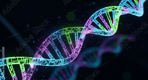 DNA helix and strand on black and blue backgrounds with 3D scientific and medical design