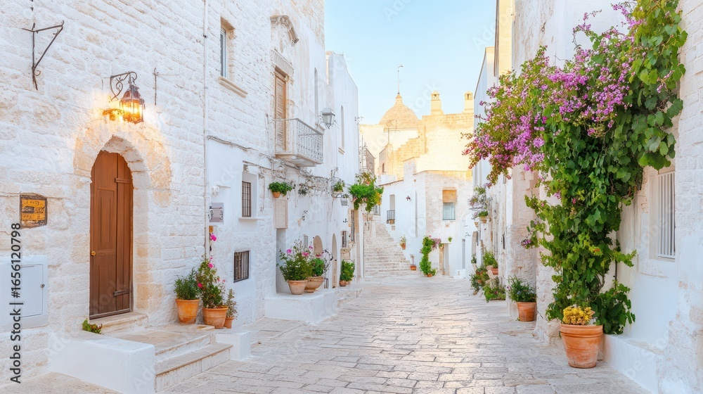 Naklejka premium Explore the beauty of an Italian alley with charming white buildings and vibrant flowers.