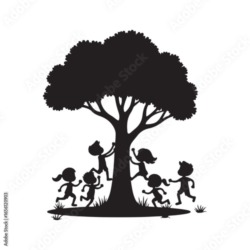"Kids silhouette under tree – fun and playful vector graphic for children, family, and outdoor designs."