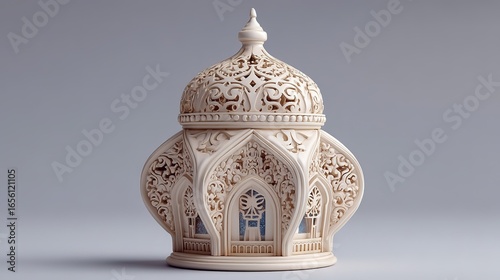 Ornate, Intricately Carved Decorative Box with Dome Lid and Arch Windows