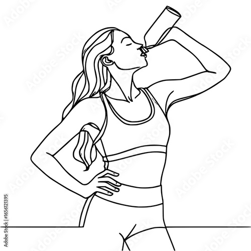 Athletic woman drinking water after workout, fitness and hydration, modern wellness graphic element