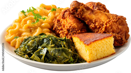 A classic soul food platter with fried chicken, mac & cheese, collard greens, and cornbread. This hearty, isolated shot is perfect for Southern comfort food menus.