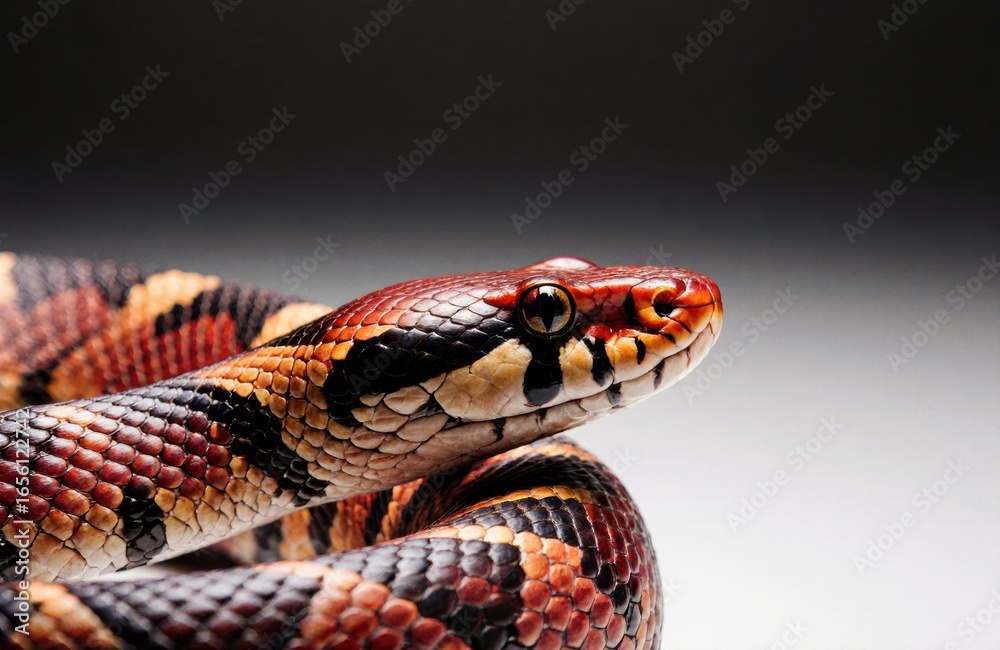 Obraz premium Colorful snake coiled with detailed scales and striking eyes on a plain background