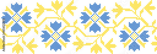 Vector illustration of Ukrainian floral ornament in ethnic style, identity, vyshyvanka, embroidery for print clothes, websites, banners. Background. Geometric design, border, copy space, frame