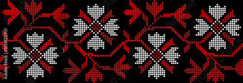 Vector illustration of Ukrainian floral ornament in ethnic style, identity, vyshyvanka, embroidery for print clothes, websites, banners. Background. Geometric design, border, copy space, frame