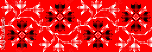 Vector illustration of Ukrainian floral ornament in ethnic style, identity, vyshyvanka, embroidery for print clothes, websites, banners. Background. Geometric design, border, copy space, frame