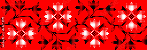 Vector illustration of Ukrainian floral ornament in ethnic style, identity, vyshyvanka, embroidery for print clothes, websites, banners. Background. Geometric design, border, copy space, frame