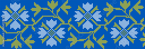 Vector illustration of Ukrainian floral ornament in ethnic style, identity, vyshyvanka, embroidery for print clothes, websites, banners. Background. Geometric design, border, copy space, frame