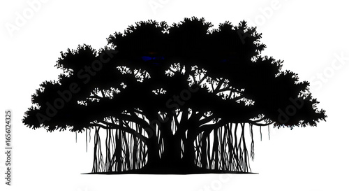 Majestic Banyan Tree with Hanging Aerial Roots Evokes Natural Serenity and Timeless Wisdom