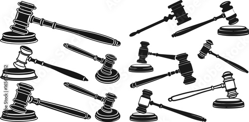 Black Line Judge Gavel Icons Set including Flat Court Hammer Law and Justice Symbol Collection with Minimal Gavel Icon Group for UI Web Legal Lawyer Auction and Judgement Design Projects